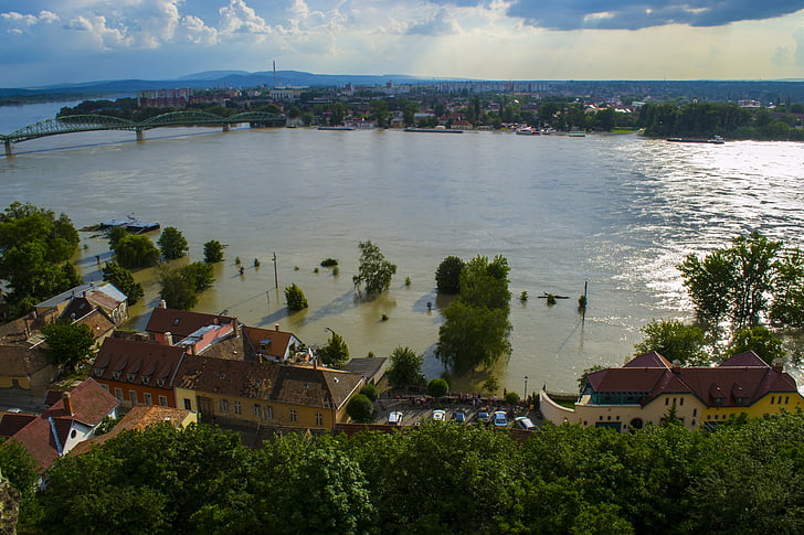 overstroming, Donau, zandzak, Park, basketbal, Palisade, brug