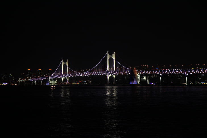 Gwangan bridge, vue de nuit, mer, pont, Gwangalli, nuit