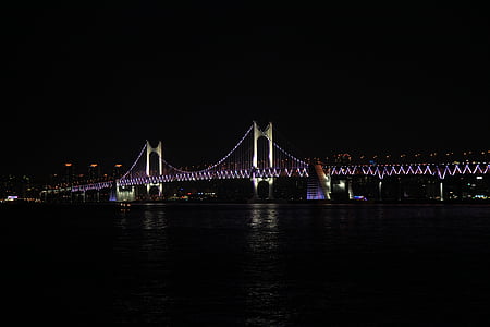 gwangan мост, Нощен изглед, море, мост, gwangalli, нощ