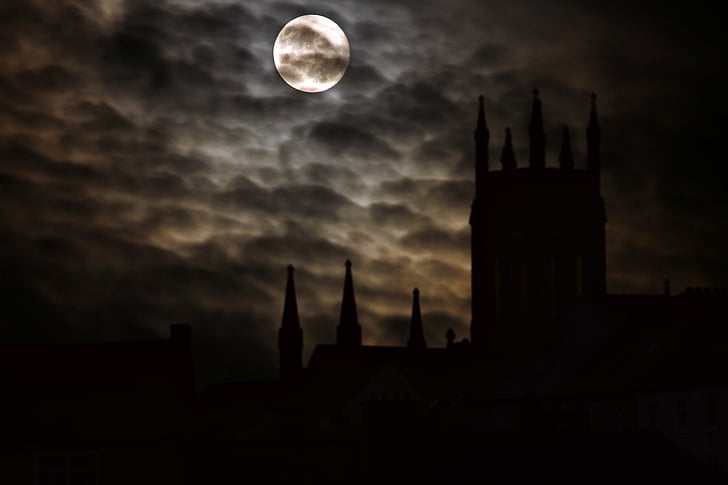 full moon, silhouette, castle, night, midnight, middle ages, building