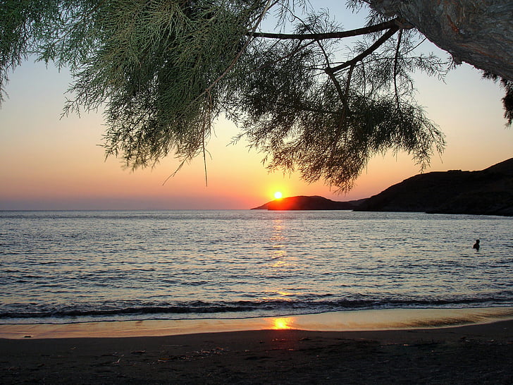 Kythnos, plajă, apus de soare, Insulele Ciclade, Grecia