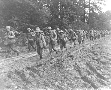 andre verdenskrig, 1944, Frankrike, tropper, marsjerende, soldater, foten soldater