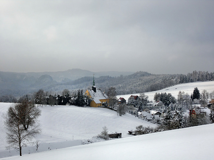Chiesa, Hinterhermsdorf, Saxon Svizzera, inverno, freddo, bianco, magia d'inverno