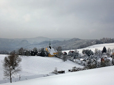 Gereja, hinterhermsdorf, Saxon Swiss, musim dingin, dingin, putih, sihir musim dingin