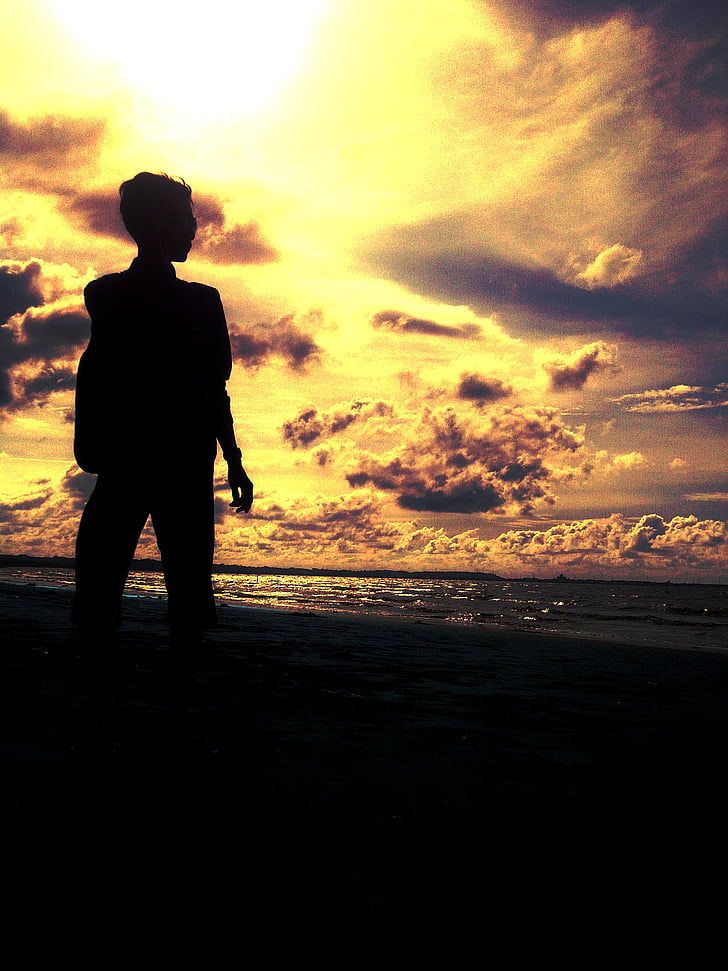 sendirian, Pantai, matahari, muda, siluet