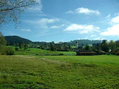 Allgäu, verde, azul, campanario, ruinas, Prado, hierba