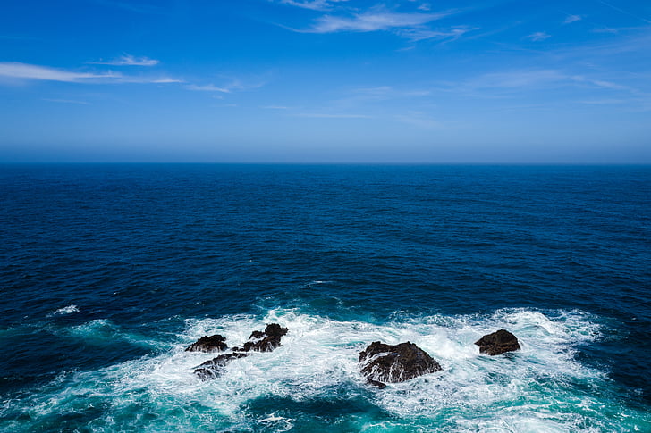 céu azul, Horizon, natureza, oceano, pedras, mar, Seascape