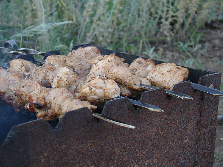 kebab de shish, Mangal, pinchos, en la naturaleza, verano, carne, carne asada