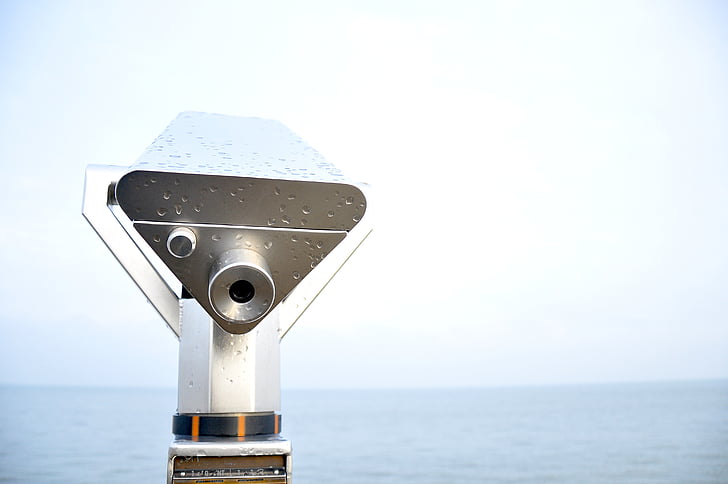 binoculars, blue, horizon, lookout, raindrops, sea, view