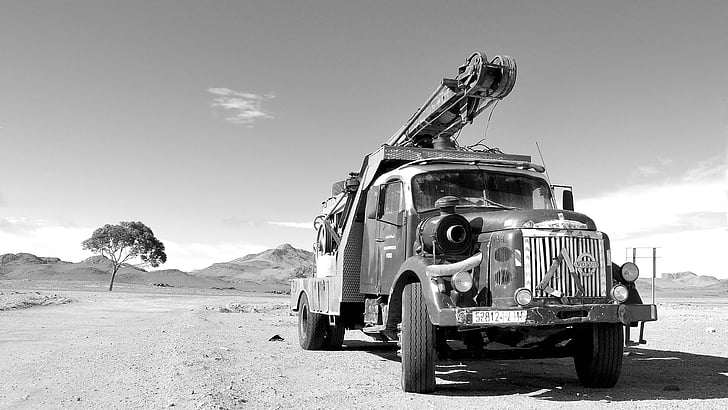 camió, blanc de negre, oli, sonda, anyada, retro, Volvo