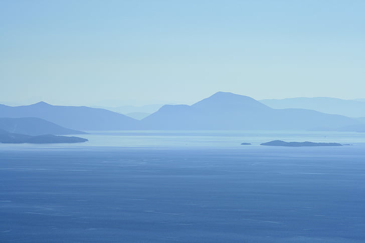 blue, lake, mountains, ocean, sea, silhouette, water