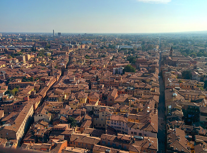 Bologna, Torre, asinelli, cảnh quan, con đường, bầu trời, thành phố
