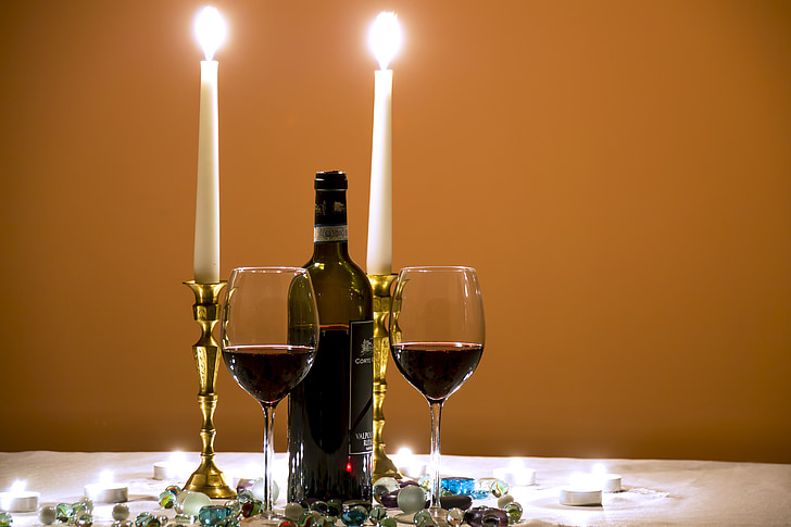 κρασί, ποτήρια κρασιού, κυκλοθυμική βράδυ, τρόπος ζωής, ένα μπουκάλι κρασί, για δύο, Αγάπη