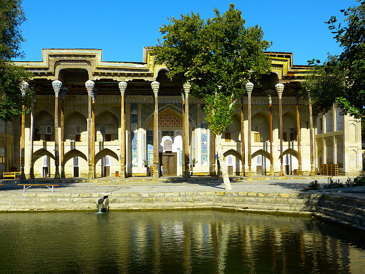 Bolo hauz, Mosquée, colonnaire, sculpture sur bois, bassin d’eau, Boukhara, Ouzbékistan