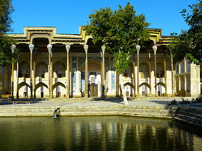 hauz alerta, Mesquita, colunar, escultura em madeira, bacia de água, Bukhara, Uzbequistão
