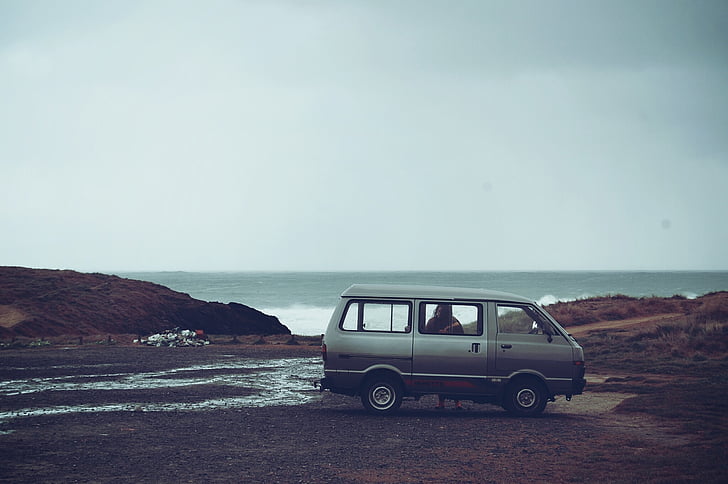 van, automotive, ocean, sea, rain, wet, puddle