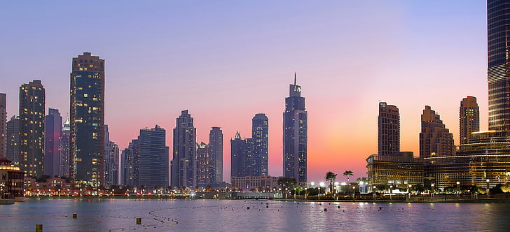Dubai 3, naktī, arhitektūra, ēka, Debesskrāpis, pilsētas panorāmā, pilsēta