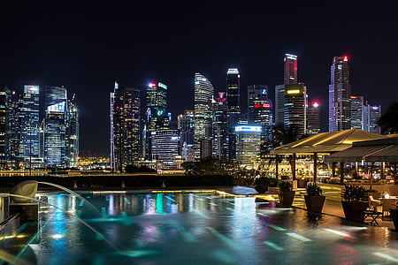 Singapur, noc, Architektura, Azja, budynek, Drapacz chmur, Miasto