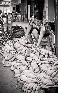 广州, 小贩, 香蕉, 市场, 黑色和白色, 人, 出售