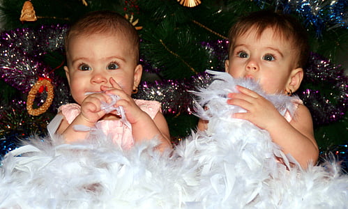 irmãs, gêmeo, flocos de neve, Natal, árvore de Natal, amor, beleza