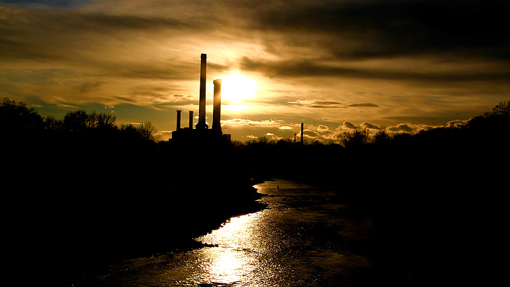 sunset, manufactures, river, city, at night, dark, silhouette