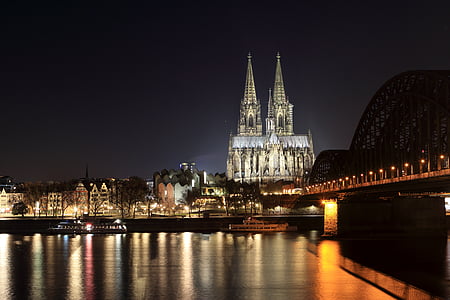 Kölnerdomen, dom, landmärke, kvällen, Gothic, Rhen, Hohenzollern-bron