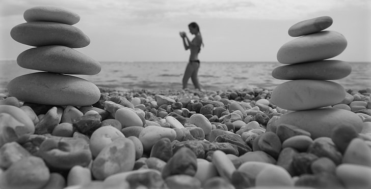 kameny, pláž, oceán, voda, model, krajina, Žena