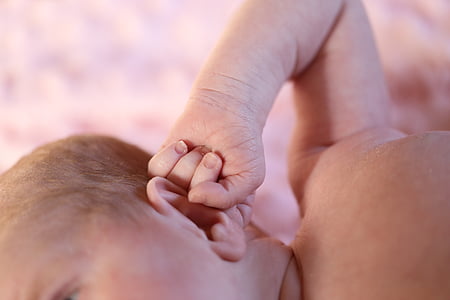 novorojenčka, otroka, novorojenčka, pest, uho in pest, nohti, prsti