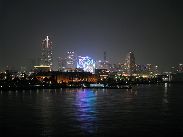 Japonsko, Tokio, přístav, Panorama, noční, Panorama