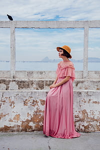 жена, розово, етаж, дължина, рокля, кафяв, шапка