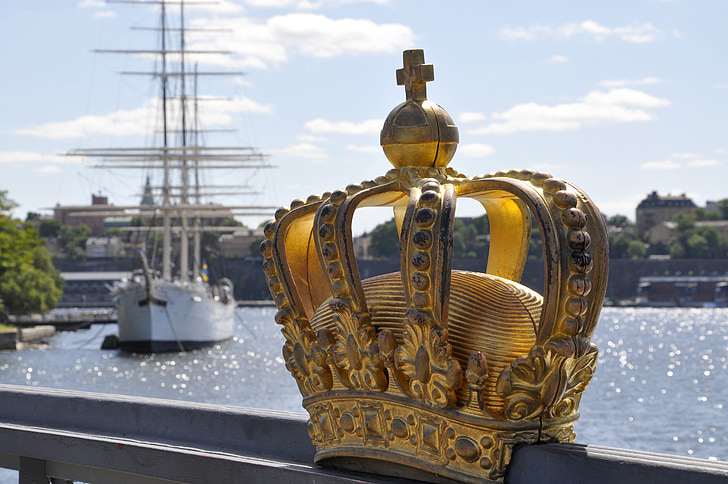 Stockholm, híd, vitorlás hajó, korona, Skeppsholmen