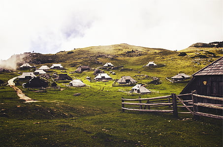 green, grass, mountain, daytime, stables, huts, fences