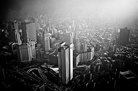 сгради, архитектура, градски пейзаж, Черно и бяло, градски, небостъргач, Даунтаун