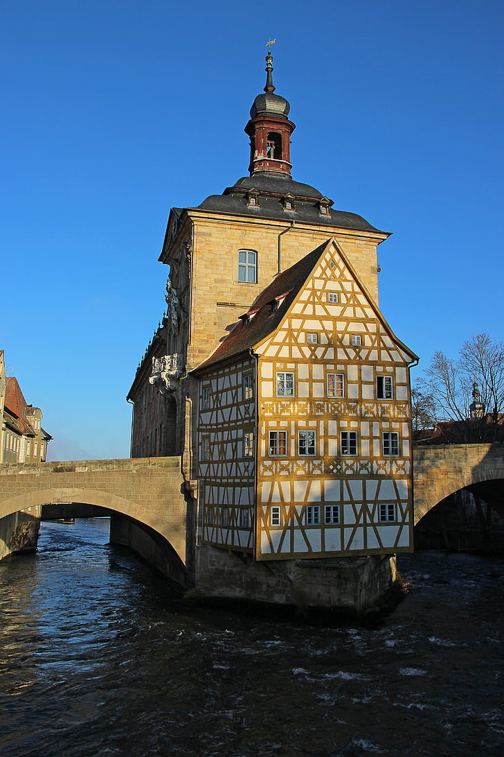 Bamberg, Stadhuis, rivier, fachwerkhaus, brug, gebouw, oude