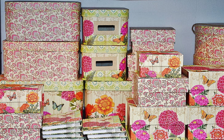 boxes, books, floral pattern, design