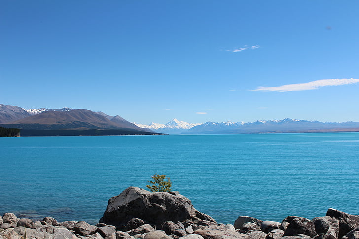 Lago, natural, agua, azul, montañas, Monte cook, Lago pukaki