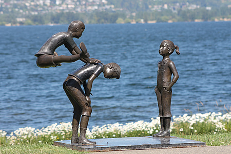 柯克兰, 滨水区, 雕像, 孩子们, 湖, 公园, 水