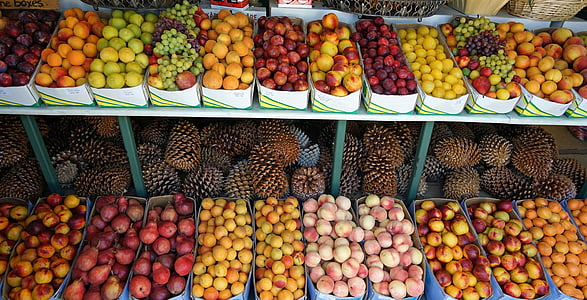 フルーツ, フルーツ スタンド, 果物, 市場の陳列台, 食品, 健康的です, 販売