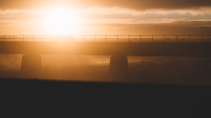 Bridge, Dawn, skymning, dimma, landskap, ljus, dimma