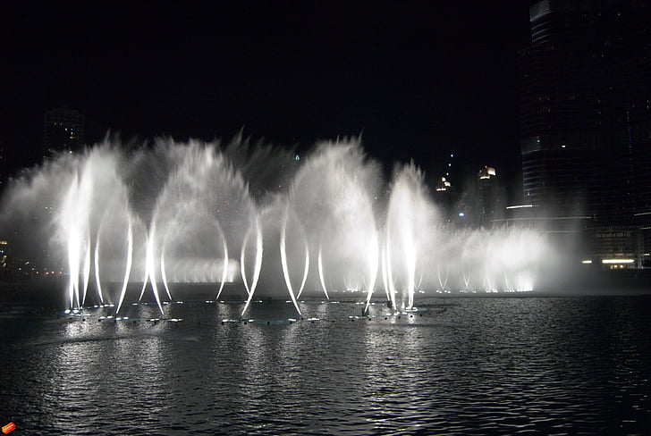 fountain, water, fountain city, decorative fountains, dubai, lights, architecture