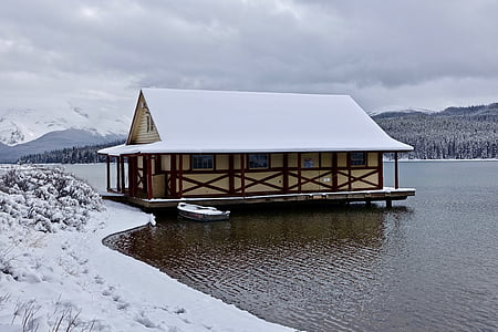 εξοχικό σπίτι, Χειμώνας, χιόνι, Λίμνη, ξύλινα, απομακρυσμένη, ερημιά