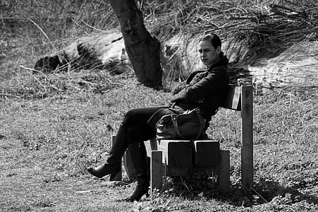 woman, bank, sit, outdoors, people, black And White, one Person