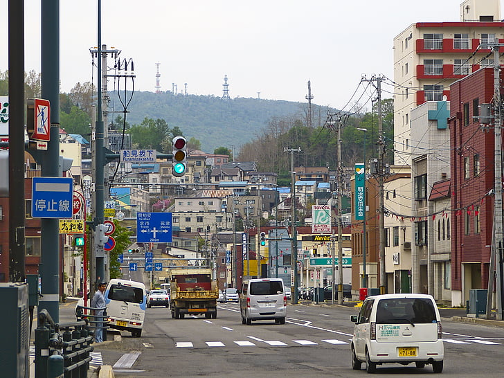 Japonsko, Otaru, cestné, budovy, domy, autá, mesto