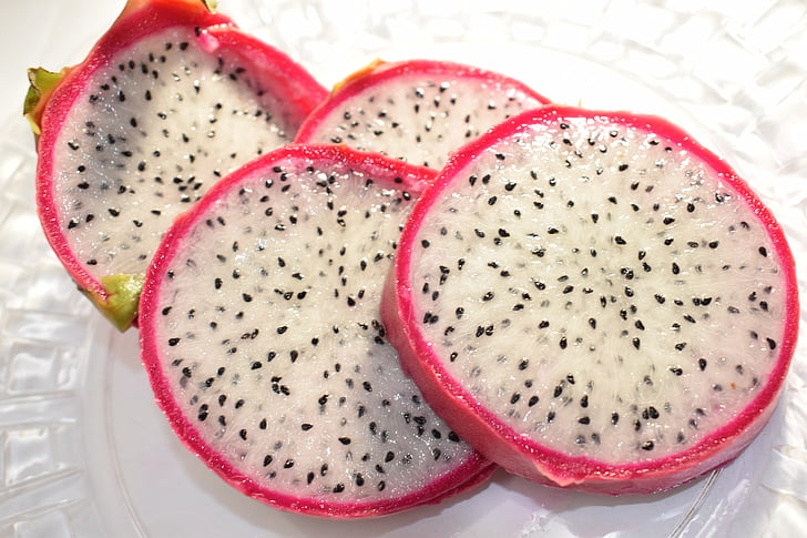dragon fruit, food, exotic, tropical, pink skin, white inside, black seeds