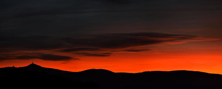ještěd, sunset, panorama, silhouette, orange color, nature, beauty in nature