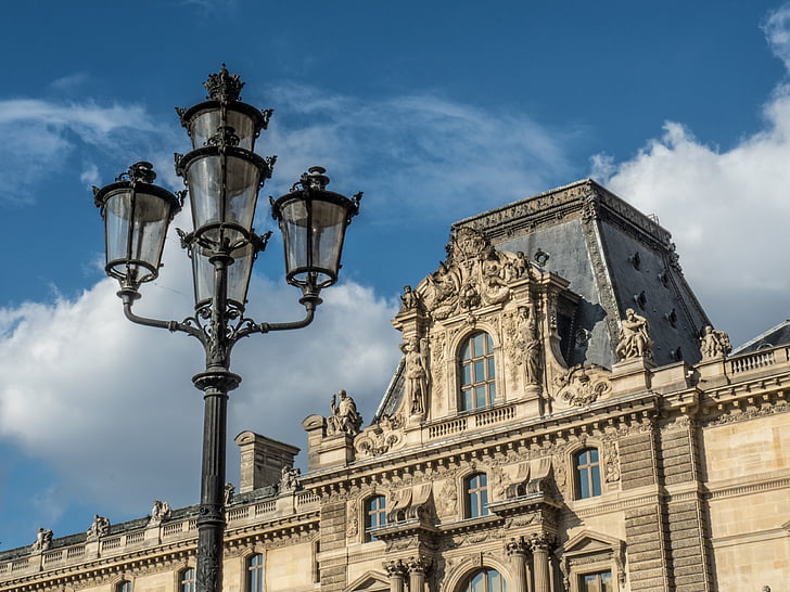 Louvre, ulične svetilke, nebo, oblaki, modra, svetlobe, železa
