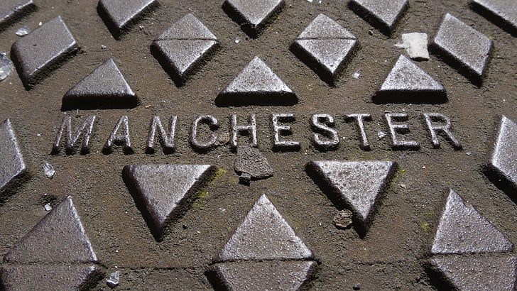 Manchester, tapa de clavegueram, metall, fort, desguàs, arquetes, ferro