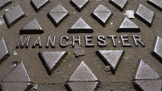 Manchester, tampa de bueiro, metal, forte, dreno, poço de inspeção, ferro