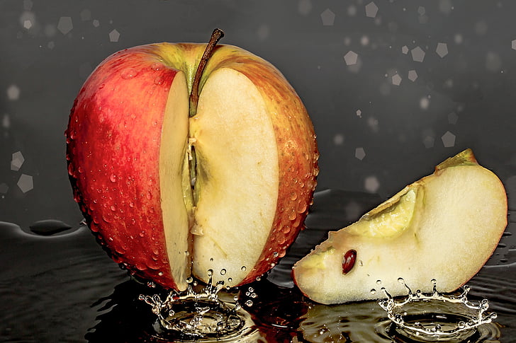 Apple, bit av eplet, kutt, drypp, Bio, vitaminer, sunn