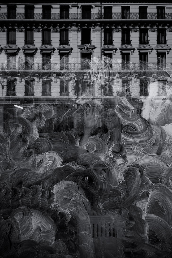 buildings, mirror, soap, cleaning, people, man, grayscale